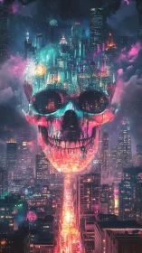 Neon skull skyline merges with dense futuristic city