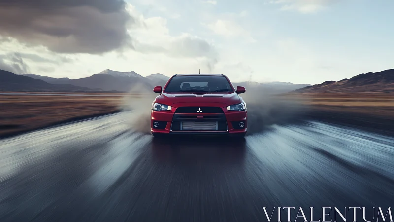 Photorealistic front-on sports sedan on wet desert highway.