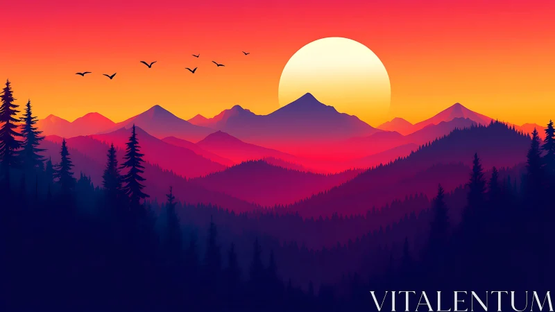 Layered mountain silhouettes align beneath low sun disc