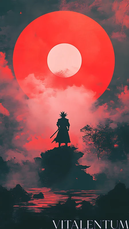 Lone samurai silhouette stands beneath colossal red sun