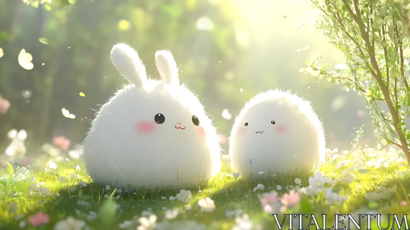 Fluffy bunny friends sharing sunshine in a dreamy meadow.
