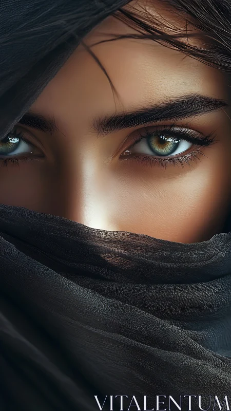Veiled emerald gaze beneath flowing dark silk fabric.