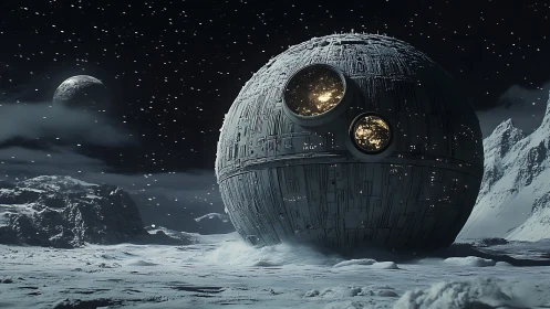 Lonely metal moon rests quietly on a frozen alien plain