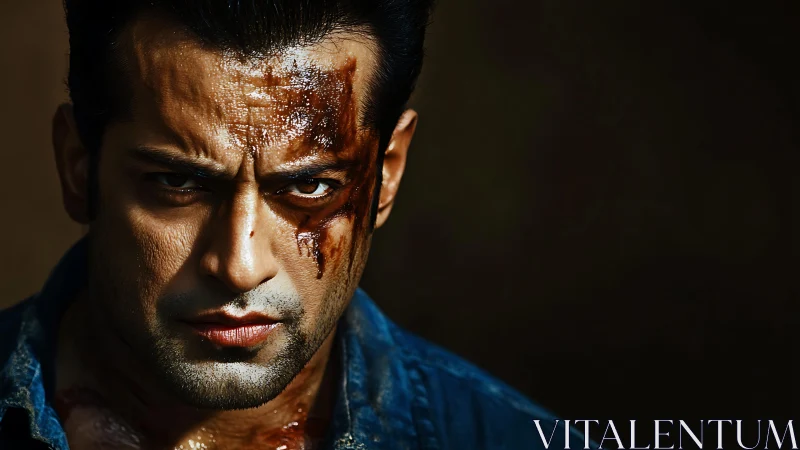 Fury-streaked warrior studies the camera with burning resolve