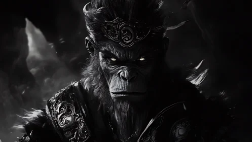 Monochrome warrior ape portrait renders ominous dramatic lighting