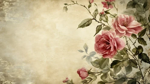Vintage rose bouquet on distressed parchment background.