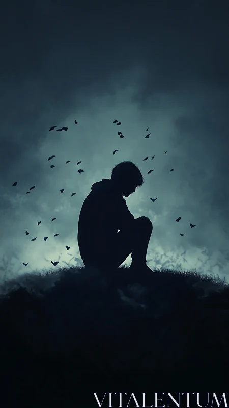 Lonely silhouette sits on hill as dark butterflies circle sky