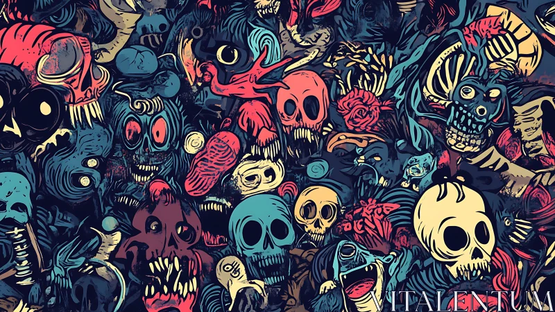 Dense horror skull collage renders chaotic macabre tableau