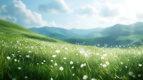 Sunlit meadow stretches toward soft, distant green hills.