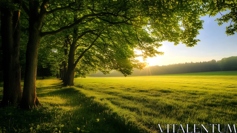 Tree line borders sunlit meadow at low evening sunlight