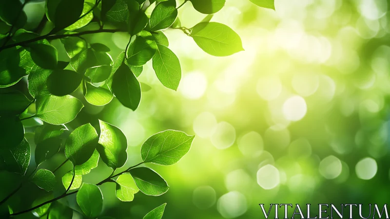 Sunlit Green Leaves with Soft Bokeh, Nature Photography Style.