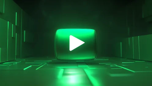 Futuristic green play button icon in glowing digital environment.