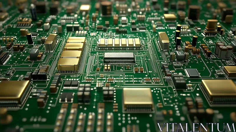 Intricate green circuit board with gleaming golden chips.
