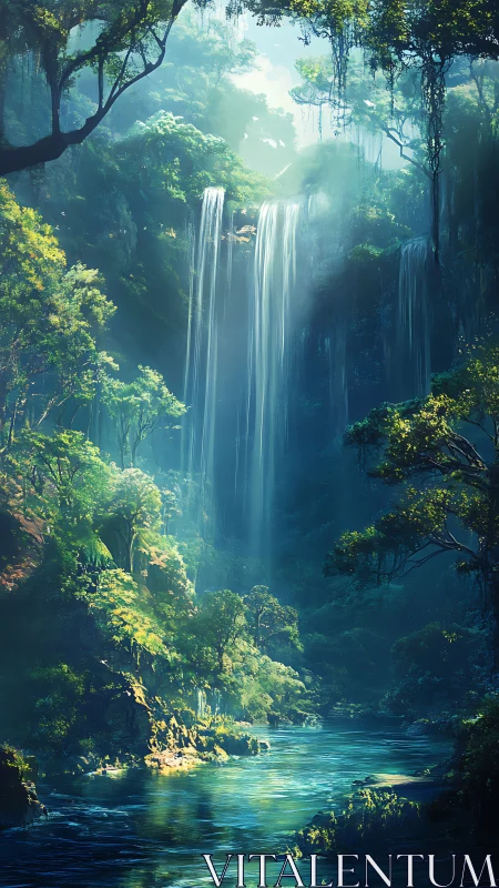 Lush vertical canyon waterfall with luminous teal river flow.