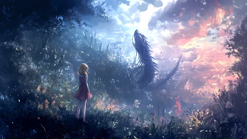 Backlit girl confronts serpentine dragon in high-contrast twilight forest