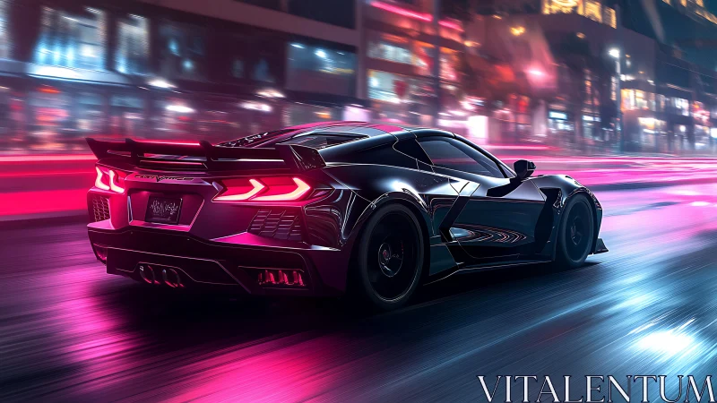 Neon-lit black supercar racing through futuristic city streets.