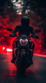 Motorcyclist rides toward camera on wet road at night