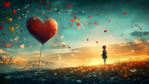 Child Holding Giant Heart Balloon Against Sunset Sky