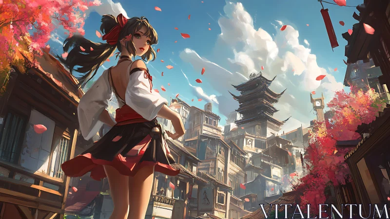 Dynamic anime heroine overlooks sunlit neo-traditional cityscape