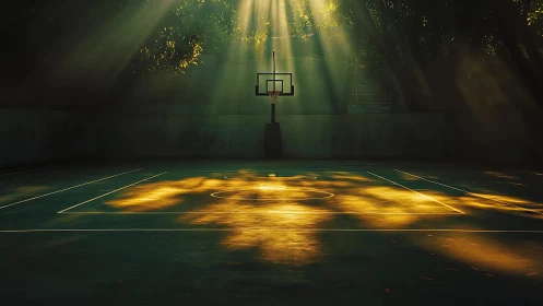 Sunlit outdoor basketball court glows in quiet morning light.