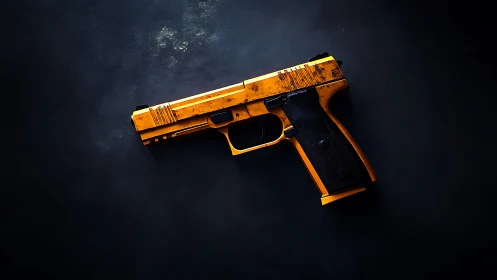 Oxidized yellow semi-automatic pistol on dark inert surface.