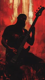Silhouetted metal bassist outlined against distressed red brush field