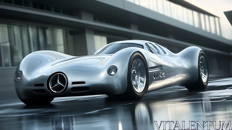 Streamlined silver concept race car with ultra-low drag bodywork.