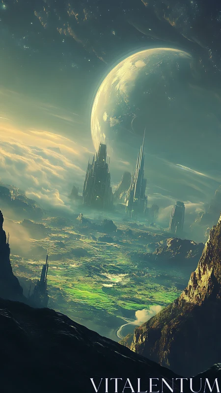 Emerald Exoplanet Citadel Beneath a Moonlit Colossus.