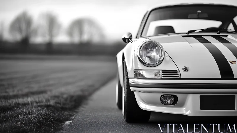 Front view of classic white sports car on rural road.