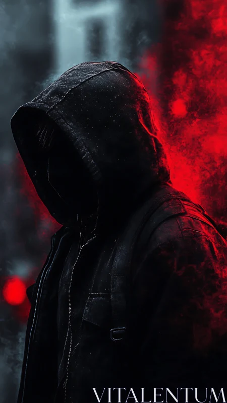 Hooded urban silhouette in red atmospheric backlit smoke