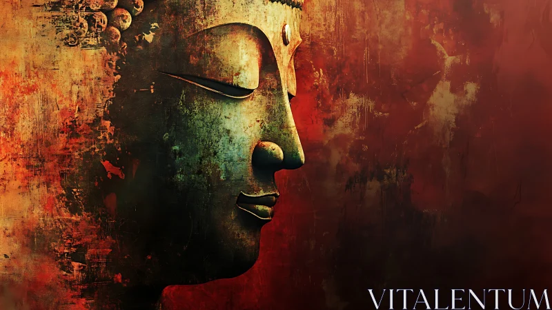 Gentle Buddha profile glows calmly against warm textured reds