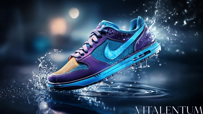 Dynamic splash of a colorful athletic sneaker in motion glow