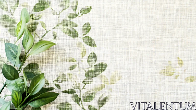 Green leafy branch against patterned fabric background.