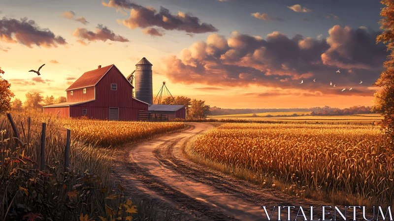 Golden country road winds gently toward a quiet red barn