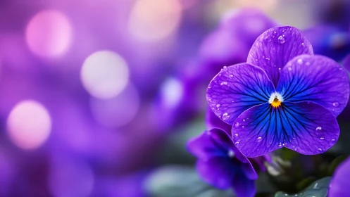 Purple pansy with water droplets on blurred bokeh background.