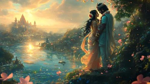Divine lovers on riverside cliff at golden temple sunset.