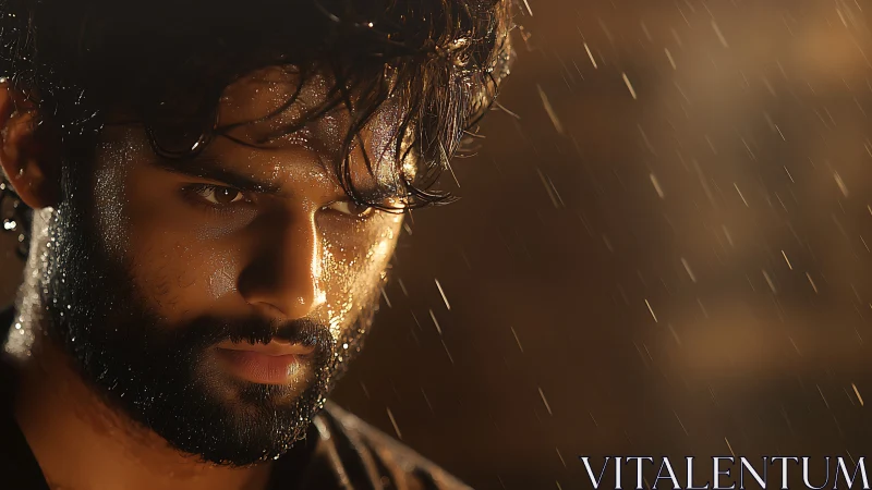 Wet bearded subject in close-up under directional rainfall