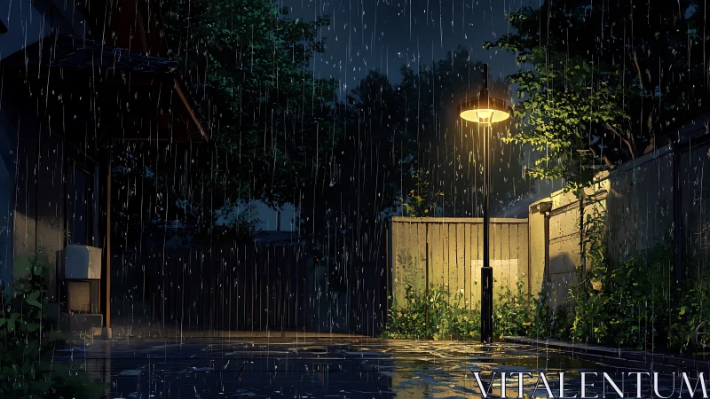 Nocturnal alleyway in heavy rain under a solitary streetlamp