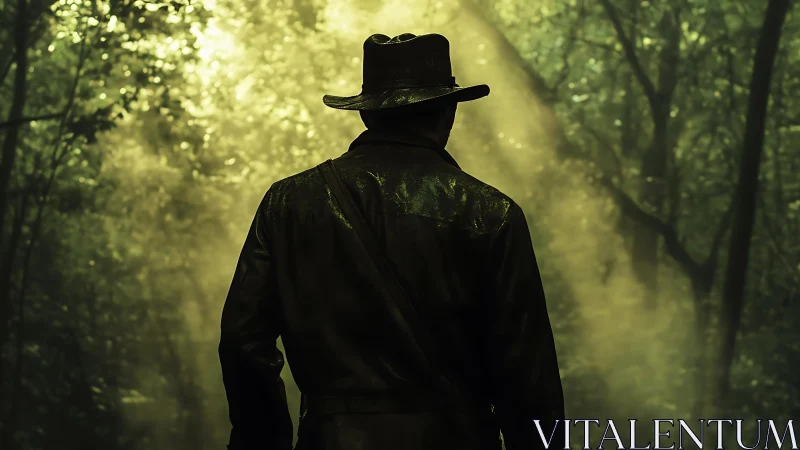 Solitary explorer stands in misty sunlit jungle clearing