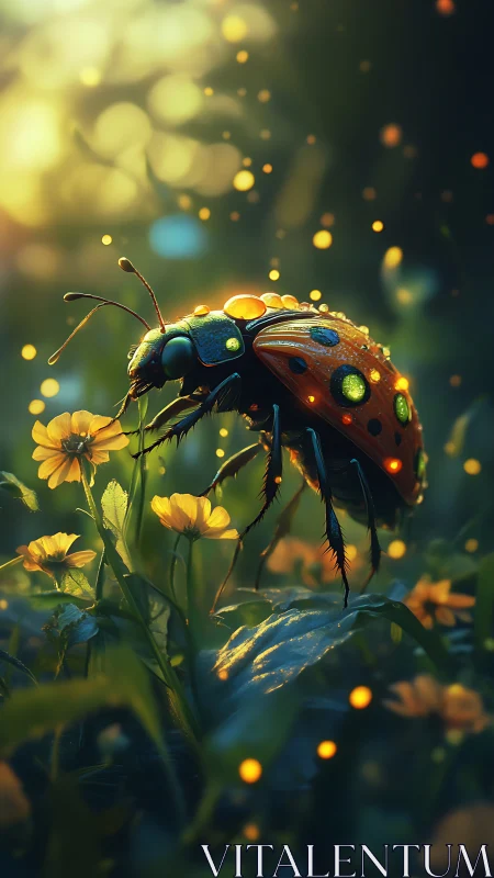 Ladybug macro on yellow flowers in glowing garden scene.