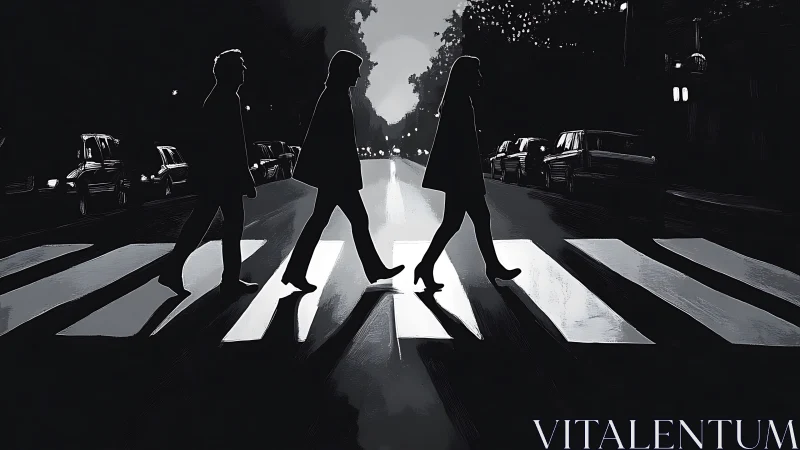 Monochrome urban crosswalk silhouettes in graphic noir style.