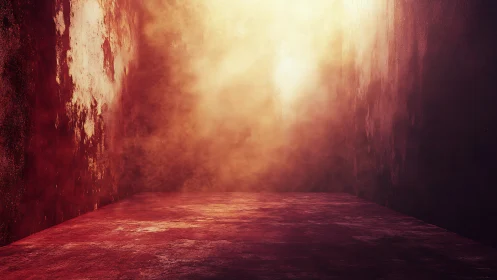 Rust-stained corridor with volumetric golden haze and glow