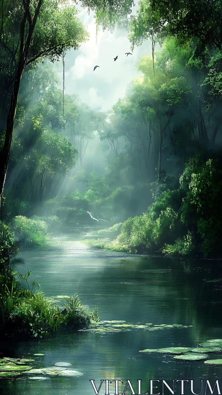 Forest river with aerial fauna and atmospheric light diffusion.