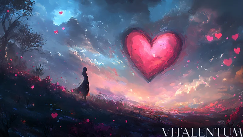 Solitary Figure Witnesses Luminous Heart in Dreamscape Sky.