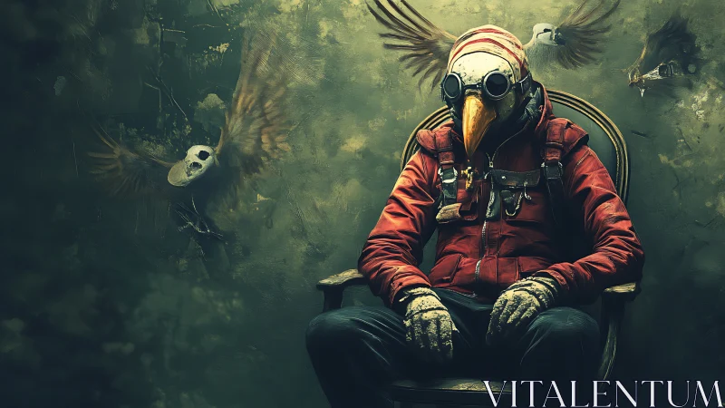 Masked seated figure is surrounded by flying masked birds