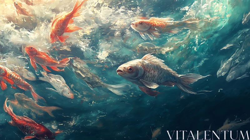 Hydrodynamic koi swarm in turbulent teal-lit aquatic vortex.