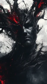 Dark fragmented portrait with swirling black and red forms.