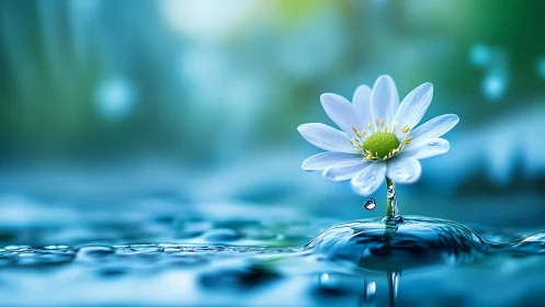 White daisy emerging from calm rippling blue water.