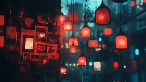 Red lanterns glow over blurred cyberpunk alley walls