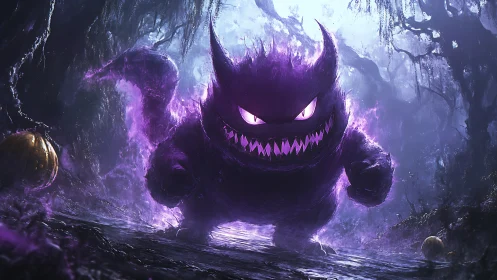 Menacing ghost creature stalks through a glowing misty forest.